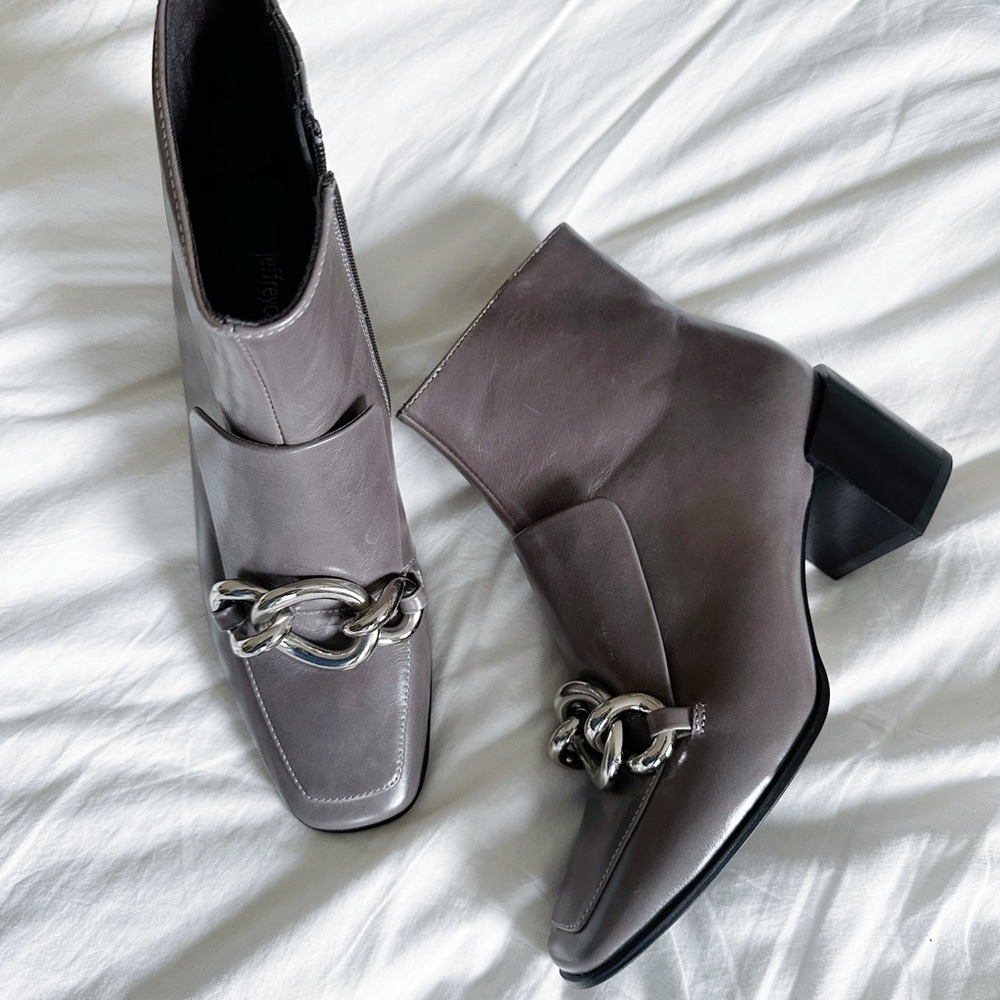 Jeffrey Campbell Taupe Leather Ankle Boots with Silver Chain